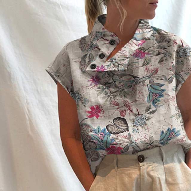 Vintage Floral Print Blouses  Summer Women Blouse Cotton Turtleneck Casual Buttons Fashion Tops Short Sleeve Shirts