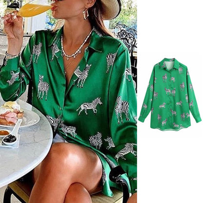 women satin blouse long sleeve zebra print shirts vintage office ladies tops femme chandails za  fashion blusa de mujer ins