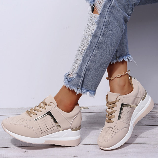 xakxx New Women Sneakers Lace-Up Wedge Sports Shoes Women's Vulcanized Shoes Casual Platform Ladies Sneakers Comfy Females Shoes