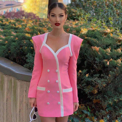 Sexy Pink Formal Dress Office Lady Women Double Breasted Slim Mini Dress Celebrity Evening Party Autumn New Dress  Female
