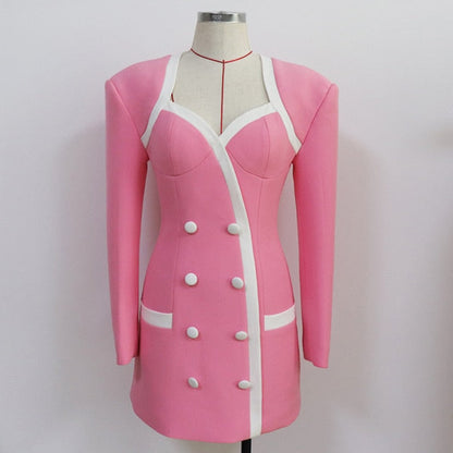 Sexy Pink Formal Dress Office Lady Women Double Breasted Slim Mini Dress Celebrity Evening Party Autumn New Dress  Female