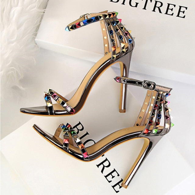 xakxx Color Rivets Women Sandals Roman Style Heeled Sandals Hollow Out High Heels Stiletto Sexy Party Shoes Sandals