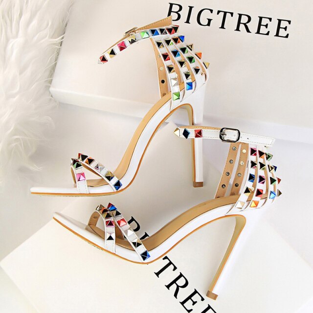 xakxx Color Rivets Women Sandals Roman Style Heeled Sandals Hollow Out High Heels Stiletto Sexy Party Shoes Sandals
