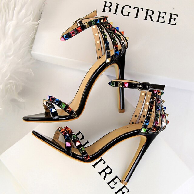 xakxx Color Rivets Women Sandals Roman Style Heeled Sandals Hollow Out High Heels Stiletto Sexy Party Shoes Sandals
