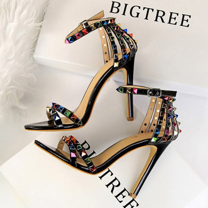 xakxx Color Rivets Women Sandals Roman Style Heeled Sandals Hollow Out High Heels Stiletto Sexy Party Shoes Sandals