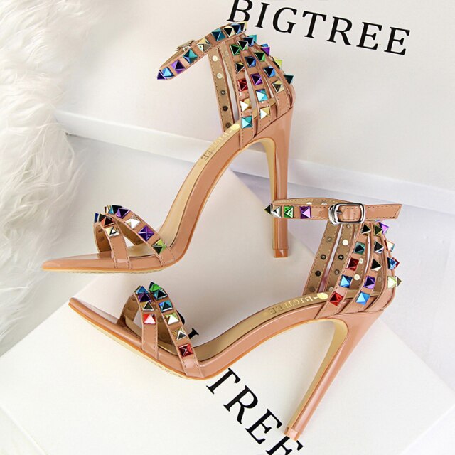xakxx Color Rivets Women Sandals Roman Style Heeled Sandals Hollow Out High Heels Stiletto Sexy Party Shoes Sandals