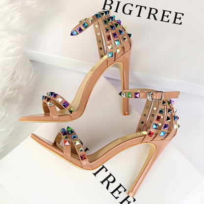 xakxx Color Rivets Women Sandals Roman Style Heeled Sandals Hollow Out High Heels Stiletto Sexy Party Shoes Sandals