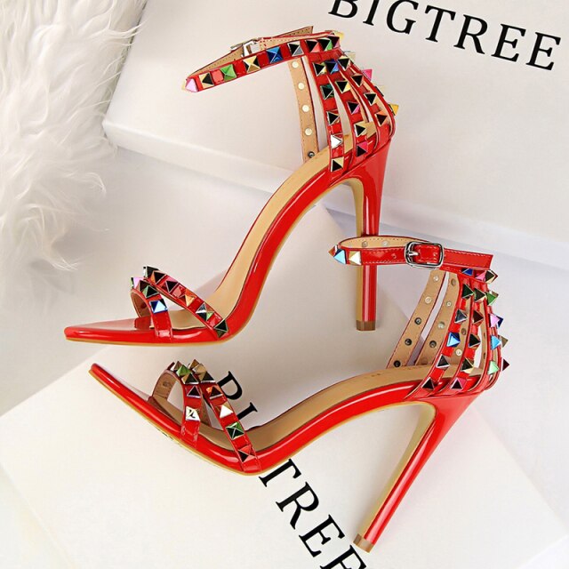 xakxx Color Rivets Women Sandals Roman Style Heeled Sandals Hollow Out High Heels Stiletto Sexy Party Shoes Sandals