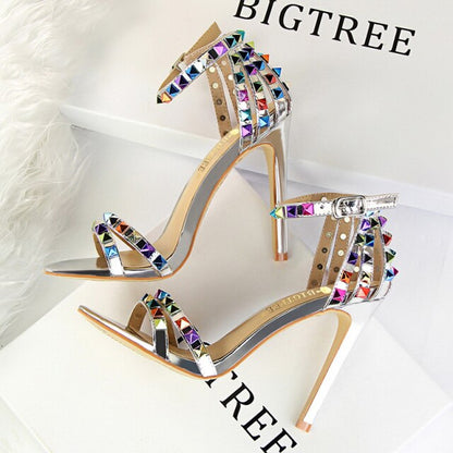 xakxx Color Rivets Women Sandals Roman Style Heeled Sandals Hollow Out High Heels Stiletto Sexy Party Shoes Sandals