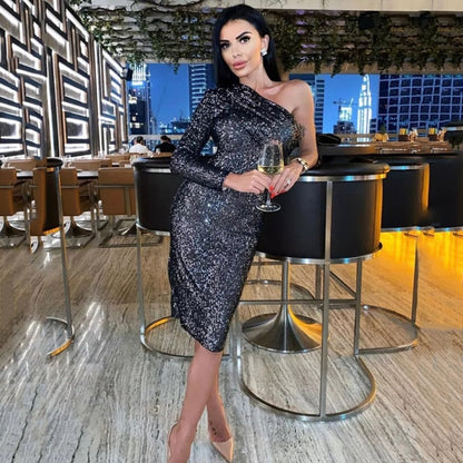 xakxx Autumn New Fashion Sequin Dress Sexy One Shoulder Long Sleeve Bodycon Dress Female Club Celebrity Evening Party Vestidos