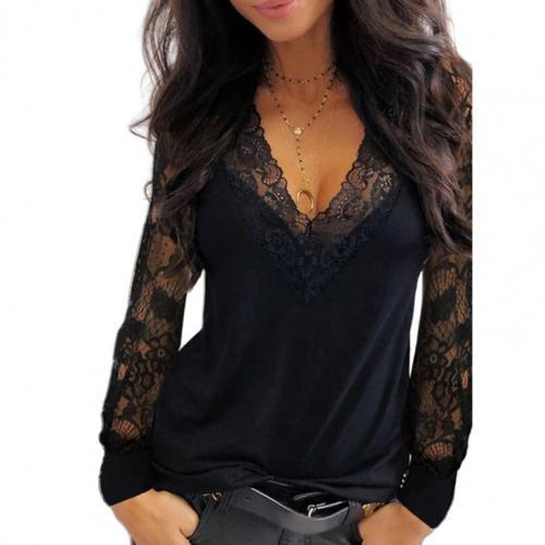 Female Tops Pullover Sexy Women Deep V Neck Lace Trim See Through Long Sleeve Blouse Top Blouse Solid Vintage Blouse Shirts