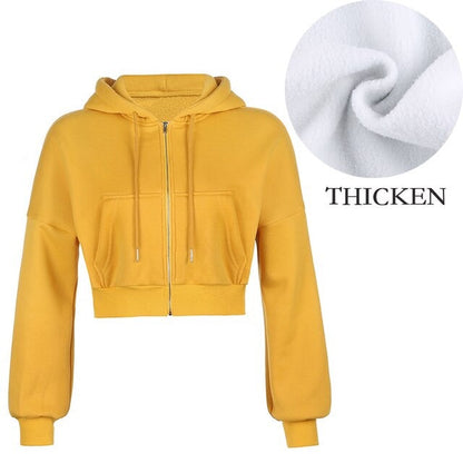 Harajuku Thicken Hoodies Cropped Top Women'S Sweatshirts Pocket Jacket Clothing Femme Korean Solid Hooded Zip Up Top