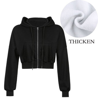 Harajuku Thicken Hoodies Cropped Top Women'S Sweatshirts Pocket Jacket Clothing Femme Korean Solid Hooded Zip Up Top