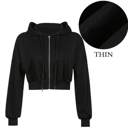 Harajuku Thicken Hoodies Cropped Top Women'S Sweatshirts Pocket Jacket Clothing Femme Korean Solid Hooded Zip Up Top