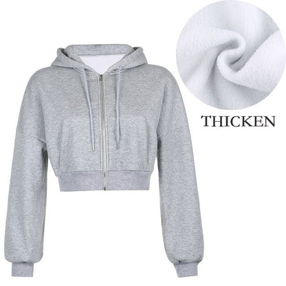 Harajuku Thicken Hoodies Cropped Top Women'S Sweatshirts Pocket Jacket Clothing Femme Korean Solid Hooded Zip Up Top