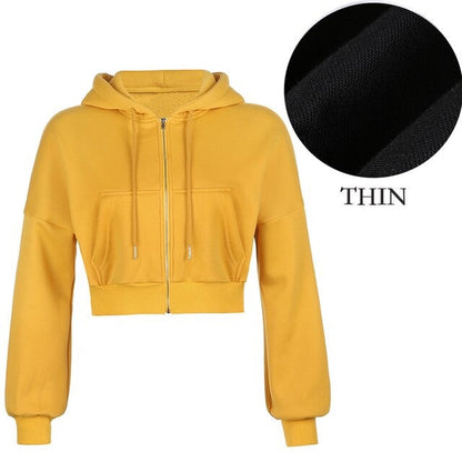 Harajuku Thicken Hoodies Cropped Top Women'S Sweatshirts Pocket Jacket Clothing Femme Korean Solid Hooded Zip Up Top