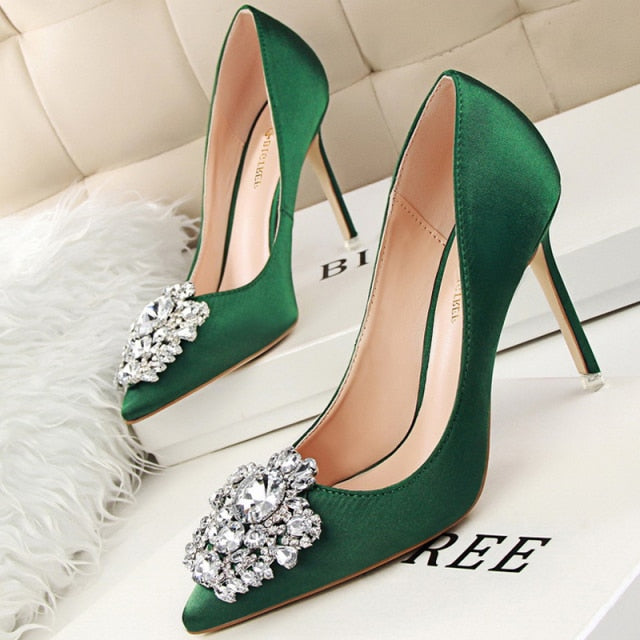 Kitten Heels Metal Rhinestones Woman Pumps Wedding Shoes High Heels Shoes Yellow Beige Black Shoes Sexy Party Shoes
