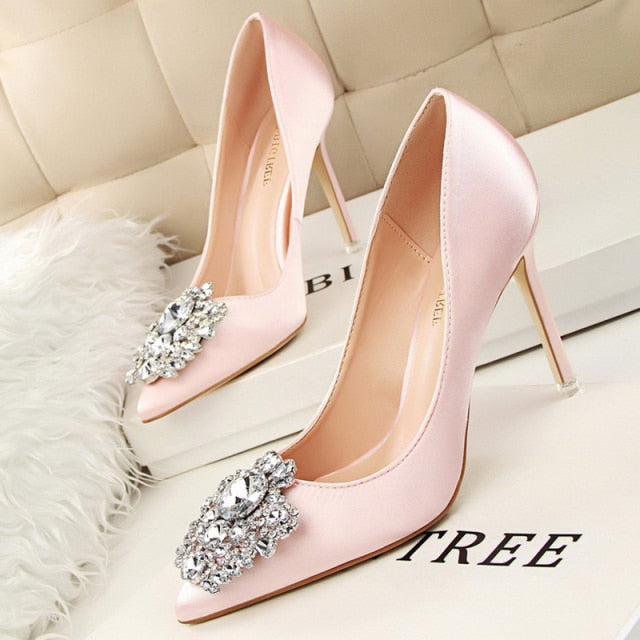 Kitten Heels Metal Rhinestones Woman Pumps Wedding Shoes High Heels Shoes Yellow Beige Black Shoes Sexy Party Shoes