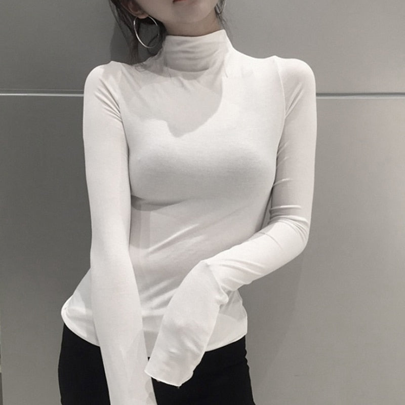Harajuku Long-sleeved Bottoming Shirt Women High Collar Slim Shirts Turtleneck Black Girlfriends Blouse Basic Top Autumn