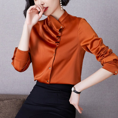 Korean Women Silk Shirt Satin Blouse Women Long Sleeve Shirts Tops Woman Silk Blouse Elegant Woman Satin Shirt Top Plus Size 3XL