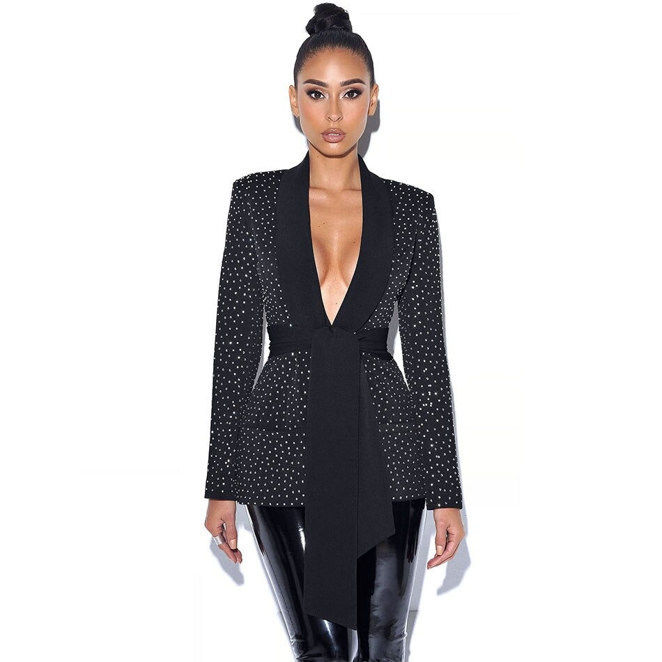 xakxx Autumn Fashion Women Black Slim Jacket V-neck Long Sleeve Crystal Lace-Up Celebrity Runway Party Coat New Clothing