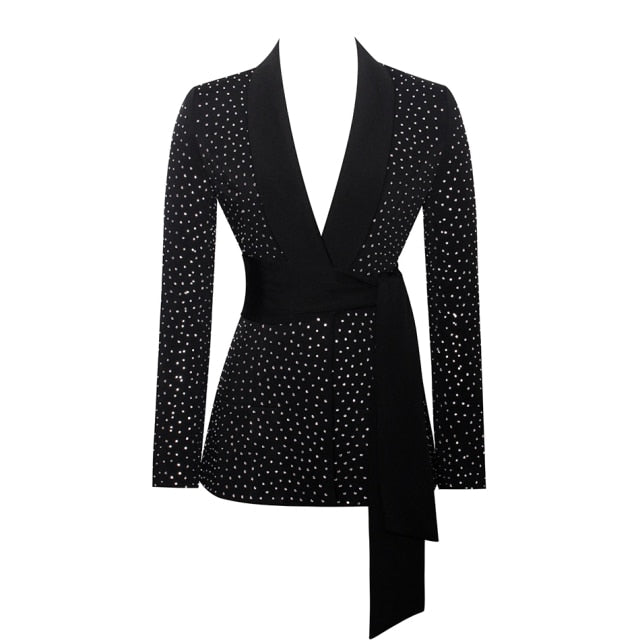 xakxx Autumn Fashion Women Black Slim Jacket V-neck Long Sleeve Crystal Lace-Up Celebrity Runway Party Coat New Clothing