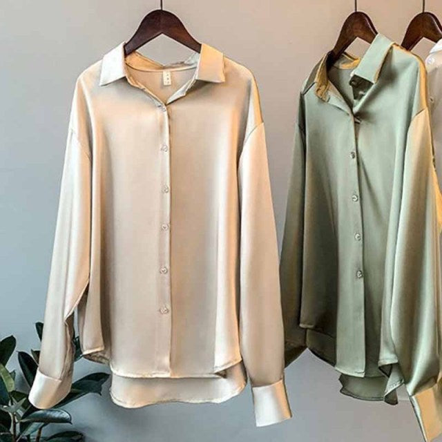 Women Vintage Fashion Button Up Satin Shirt Silk Korean Office Ladies Elegant Shirt Blouse White Long Sleeve Shirts Tops