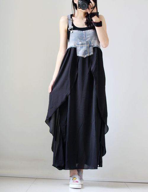 xakxx  New classic Women Summer Braces Dress Denim Patchwork Maxi Dress Bottom High Waist Loose Casual Beach Dress