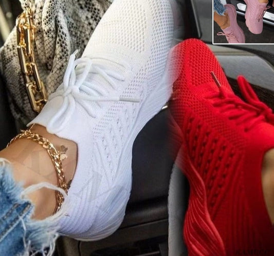 xakxx Women Red Sneakers Female White Casual Shoes Comfortable Mesh Lace-Up Ladies Sport Shoes Wedges Chunky Women's Vulcanized Shoes