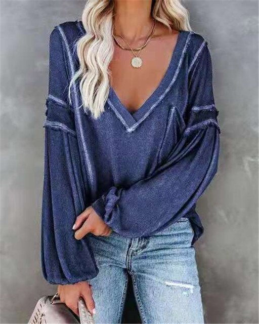 Fashion Women Casual Loose T-Shirts Patchwork Design Pocket Decor V-Neck Long Sleeve Solid Color Spring Autumn Pullovers Top