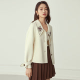 Floral Embroidery Black Long Wool Coat Women Autumn Winter Elegant White Blend Jacket Female Woolen Vintage Overcoat