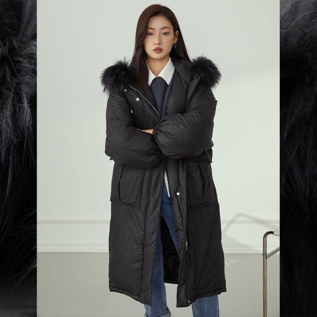Real Fur Collar Long Black Down Coat Women Thick Wram Puffer Winter Coat Female Thermal Down Parka Oversized Jacket