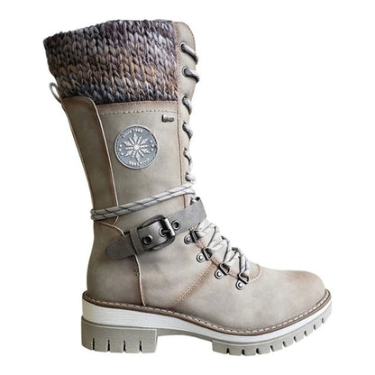 Christmas Gift  Women Winter Buckle Lace Knitted Mid-calf Boots Low Heel Round Toe Boots Top Quality Winter Warm Boots Women Botas De Mujer
