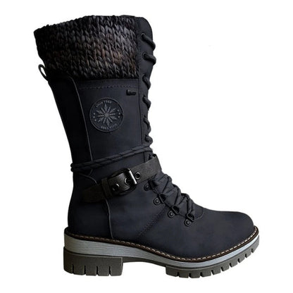Christmas Gift  Women Winter Buckle Lace Knitted Mid-calf Boots Low Heel Round Toe Boots Top Quality Winter Warm Boots Women Botas De Mujer