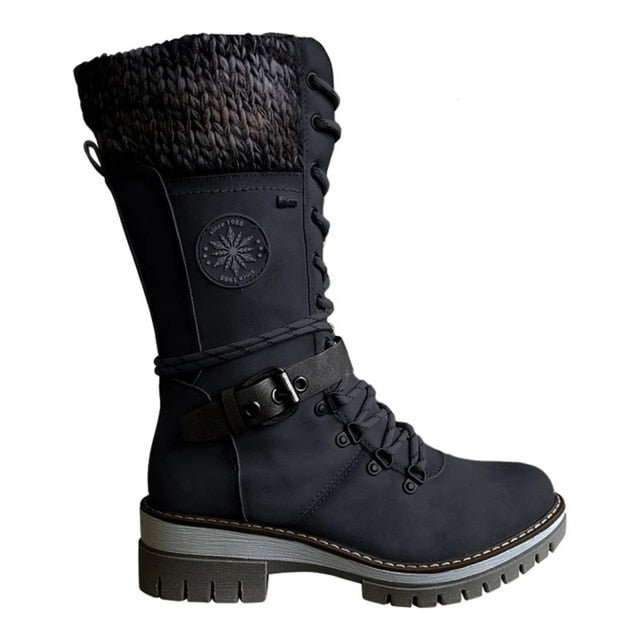 Christmas Gift  Women Winter Buckle Lace Knitted Mid-calf Boots Low Heel Round Toe Boots Top Quality Winter Warm Boots Women Botas De Mujer