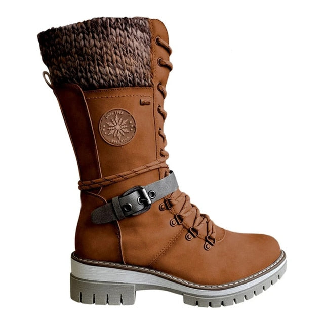 Christmas Gift  Women Winter Buckle Lace Knitted Mid-calf Boots Low Heel Round Toe Boots Top Quality Winter Warm Boots Women Botas De Mujer