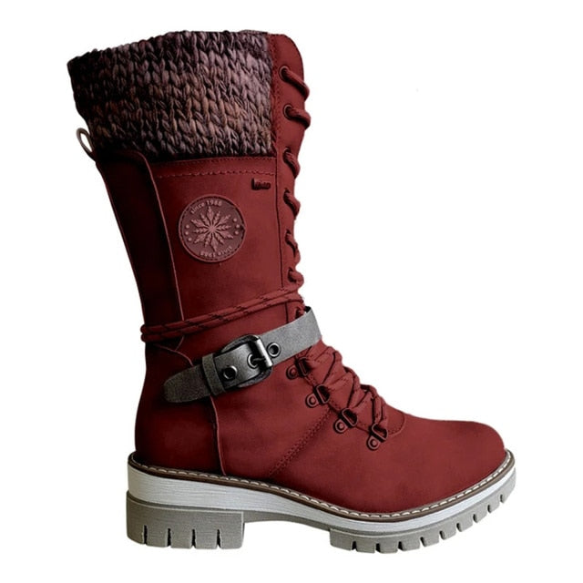 Christmas Gift  Women Winter Buckle Lace Knitted Mid-calf Boots Low Heel Round Toe Boots Top Quality Winter Warm Boots Women Botas De Mujer