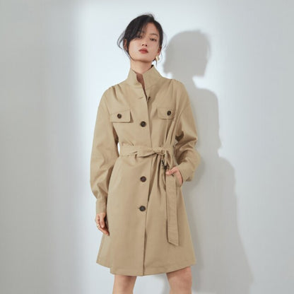 Stand Collar Casual Long Trench Coat Women Belt Khaki Windbreaker Jacket Female Elegant Oversized Spring Coat