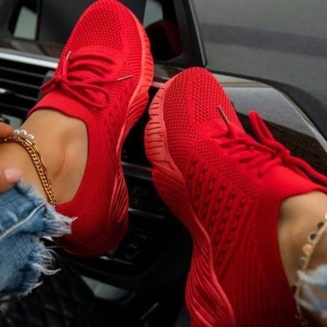 xakxx Women Red Sneakers Female White Casual Shoes Comfortable Mesh Lace-Up Ladies Sport Shoes Wedges Chunky Women's Vulcanized Shoes