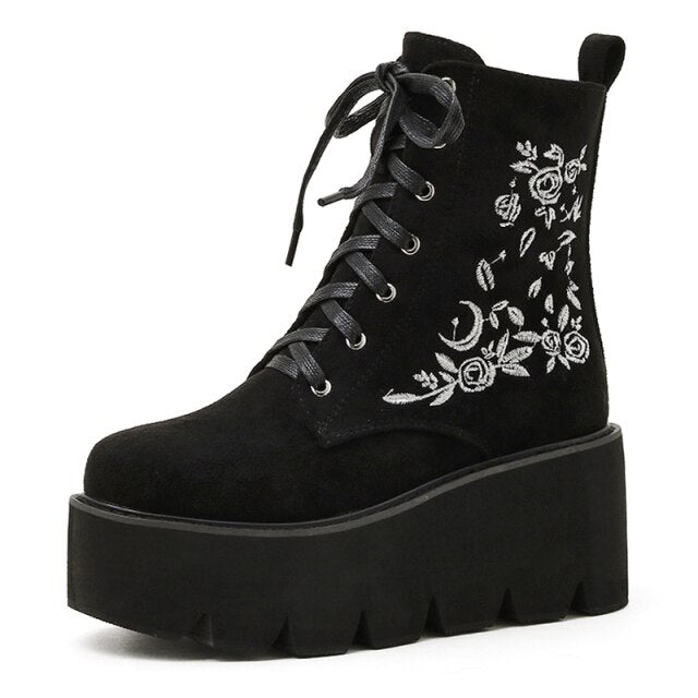 xakxx Retro Gothic Style Embroidered Flower Boots Women Platform Wedge Black Suede Heel Thick Bottom Ankle Boots With Zipper