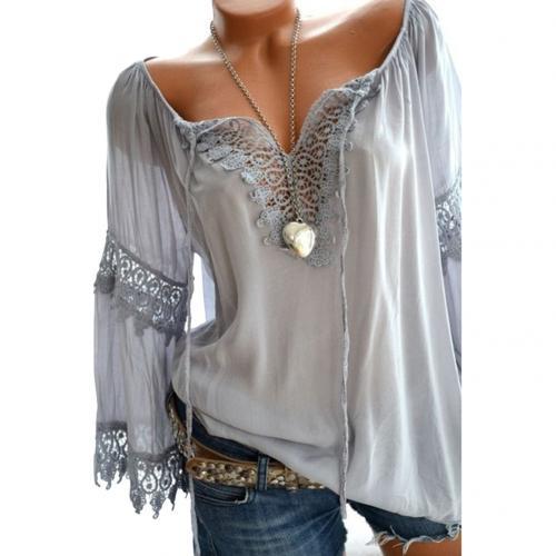 xakxx xakxx Autumn Elegant Hollow Lace Stitching Solid Color Women Long Sleeve Shirt Top Plus Size Casual Women Blouses Women Tops