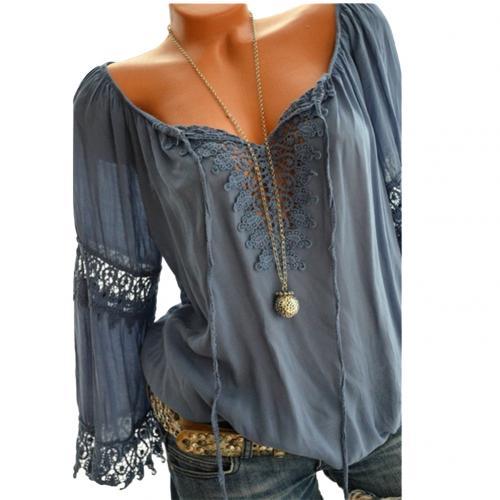xakxx xakxx Autumn Elegant Hollow Lace Stitching Solid Color Women Long Sleeve Shirt Top Plus Size Casual Women Blouses Women Tops