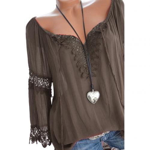 xakxx xakxx Autumn Elegant Hollow Lace Stitching Solid Color Women Long Sleeve Shirt Top Plus Size Casual Women Blouses Women Tops