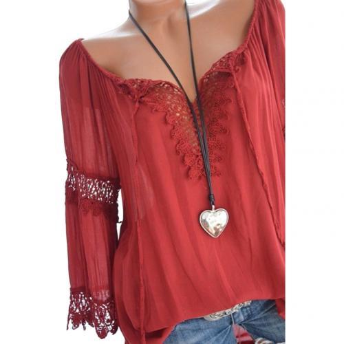 xakxx xakxx Autumn Elegant Hollow Lace Stitching Solid Color Women Long Sleeve Shirt Top Plus Size Casual Women Blouses Women Tops