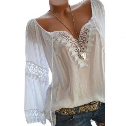 xakxx xakxx Autumn Elegant Hollow Lace Stitching Solid Color Women Long Sleeve Shirt Top Plus Size Casual Women Blouses Women Tops