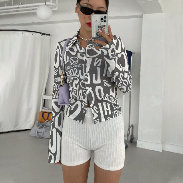 xakxx  Autumn Winter Women Letter Print Long Sleeve Blouse Vintage Shirts Fashion Streetwear Casual Clothes Tops Y2K