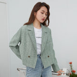 Green Tweed Plaid Short Blazer Women Elegant Office Oversized Blazer Jacket Female Casual Streetwear Spring Coat