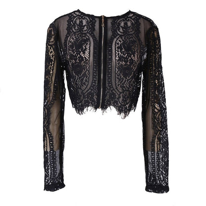 xakxx New Spring Summer Black Lace Blouse Women Tops Hollow Out Shirt Long Sleeve Blouse Sexy Lady OL Office Lady Clothings