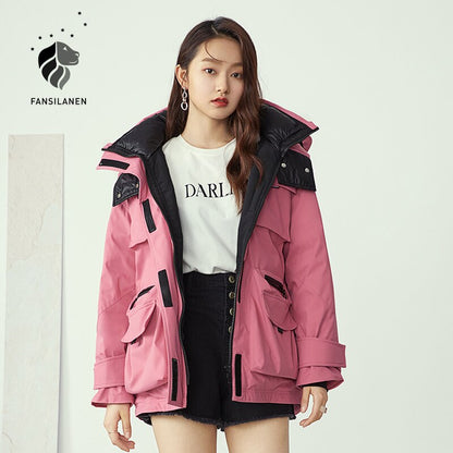 Pocket Worker Hooded Short Down Jacket Women Thermal Feather Strap Casaul Down Parka Female Puffy White Winter Coat