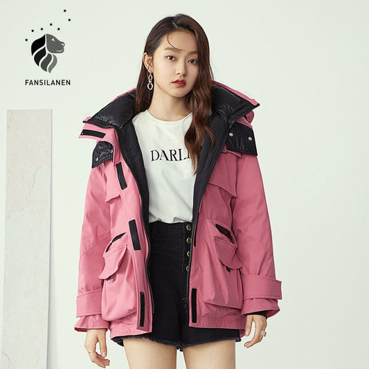Pocket Worker Hooded Short Down Jacket Women Thermal Feather Strap Casaul Down Parka Female Puffy White Winter Coat